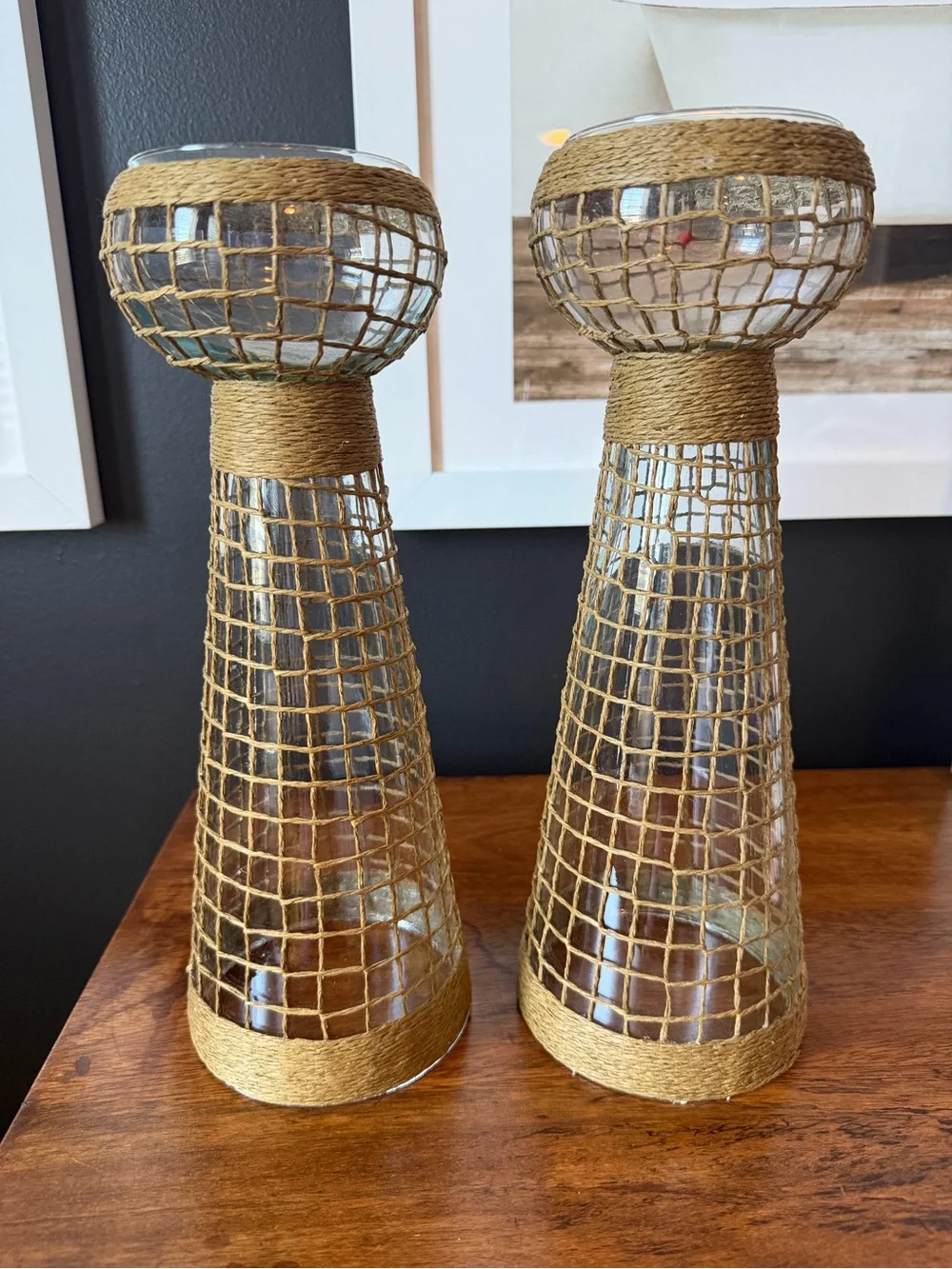 Pier 1 Tan Jute-Wrapped Glass Candle Holders - Set of 2